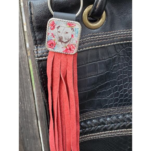 Handmade boho Pitbull lover Leather Fringe Western bag charm fringe keychain - Picture 2 of 3